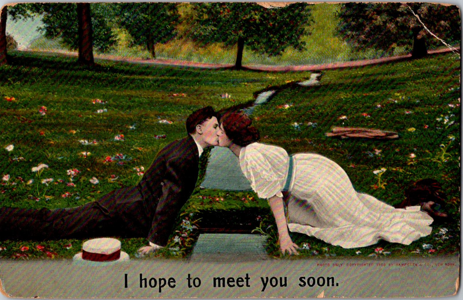 Vintage C. 1908 Young Man Woman Kissing End of The Path Valentine Postcard