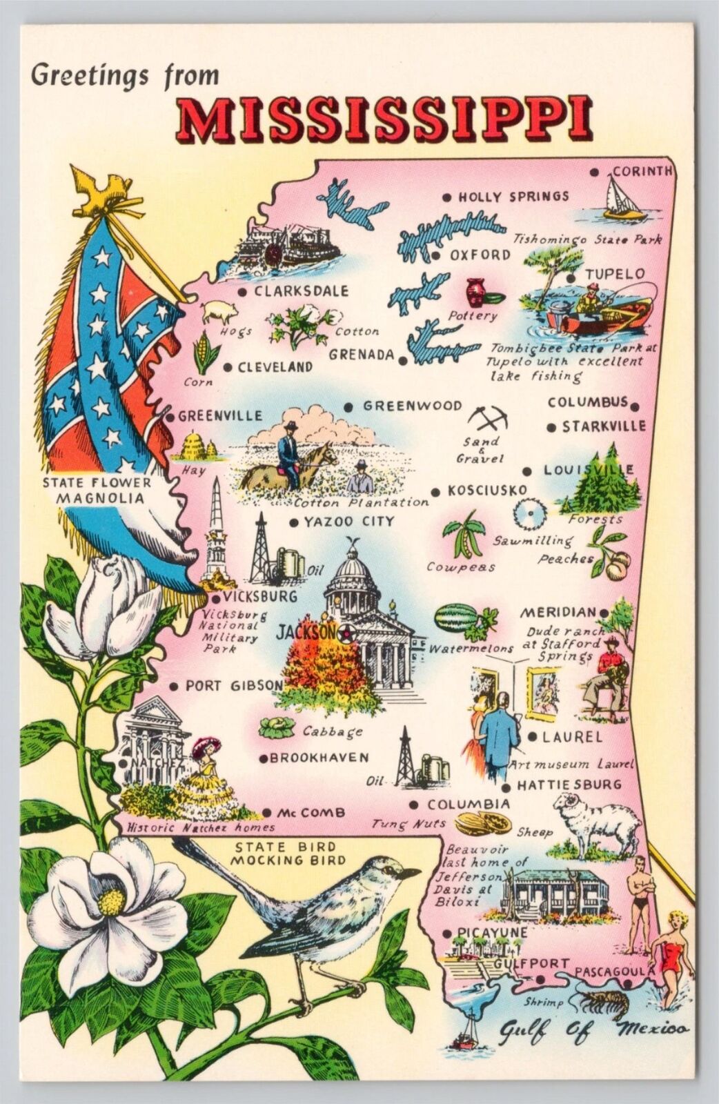Postcard Greetings From Mississippi Map State Flower Bird Landmarks Etc...