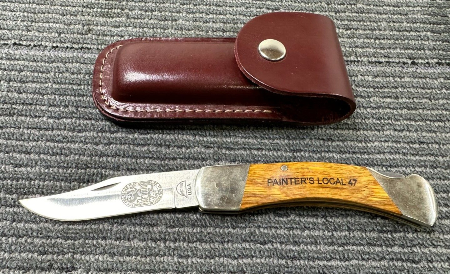 HARD HAT KNIVES Folding Hunter Knife Made in USA Vintage Etched Blade + Handle