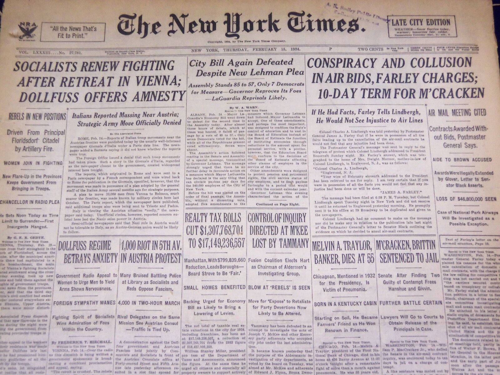 1934 FEB 15 NEW YORK TIMES - SOCIALISTS RENEW FIGHTING AFTER RETREAT - NT 1607