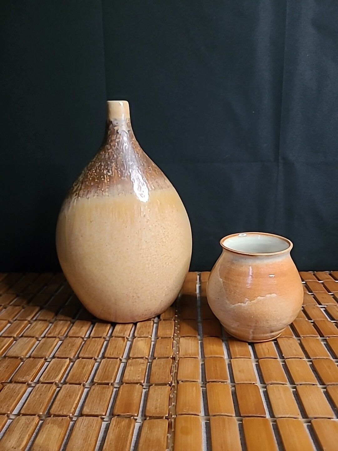 2 PIECE Vintage Pottery Brown Rust Tones Stoneware Glazed Vase & Pot