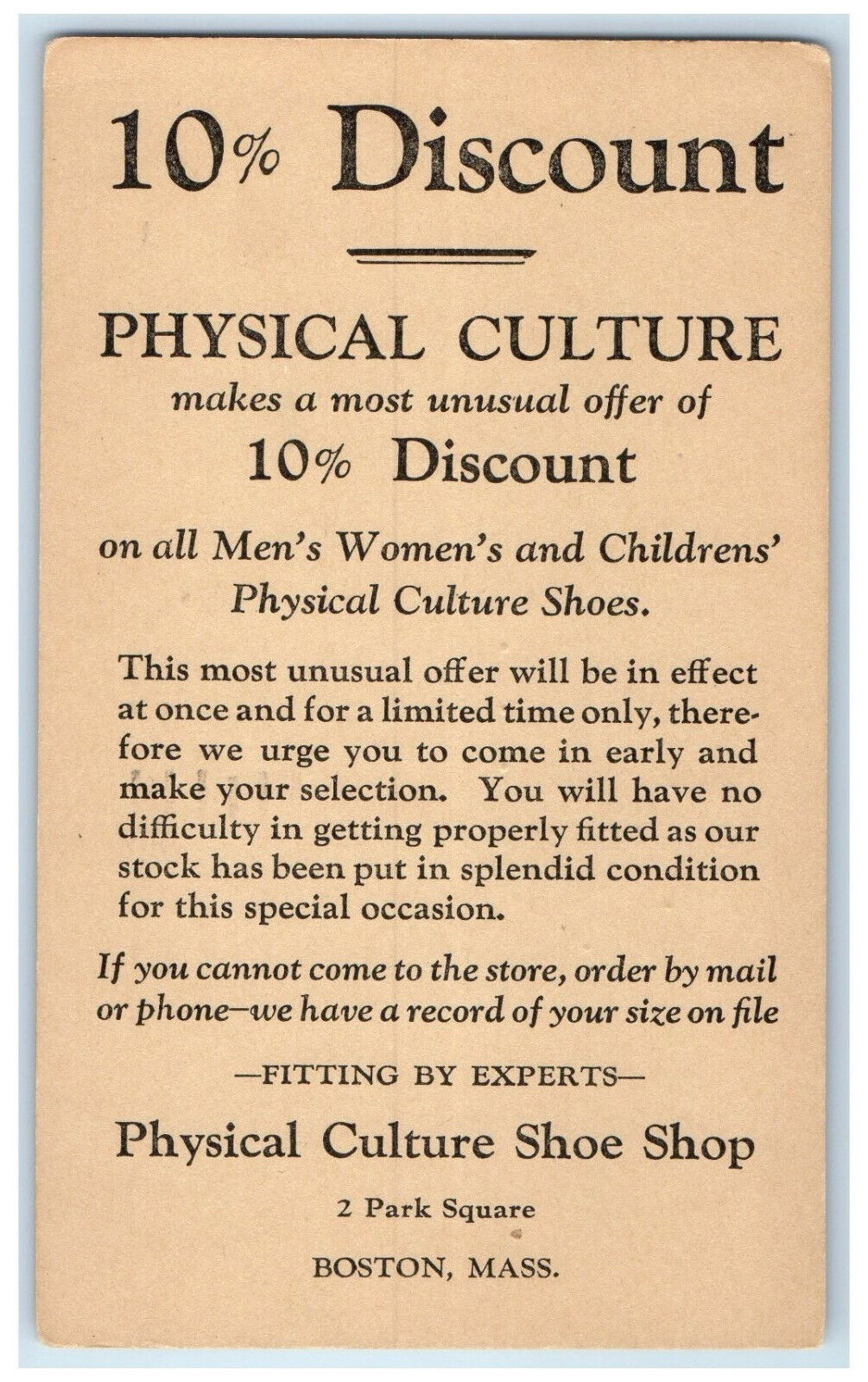 1931 10% Discount Physical Culture Shoe Shop Boston Massachusetts MA Postal Card