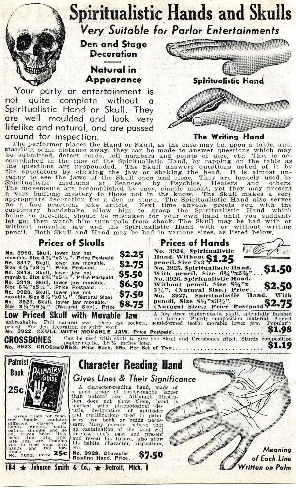 1940 Print Ad of Spiritualistic Hand & Skull Writing Hand Character Reading Hand