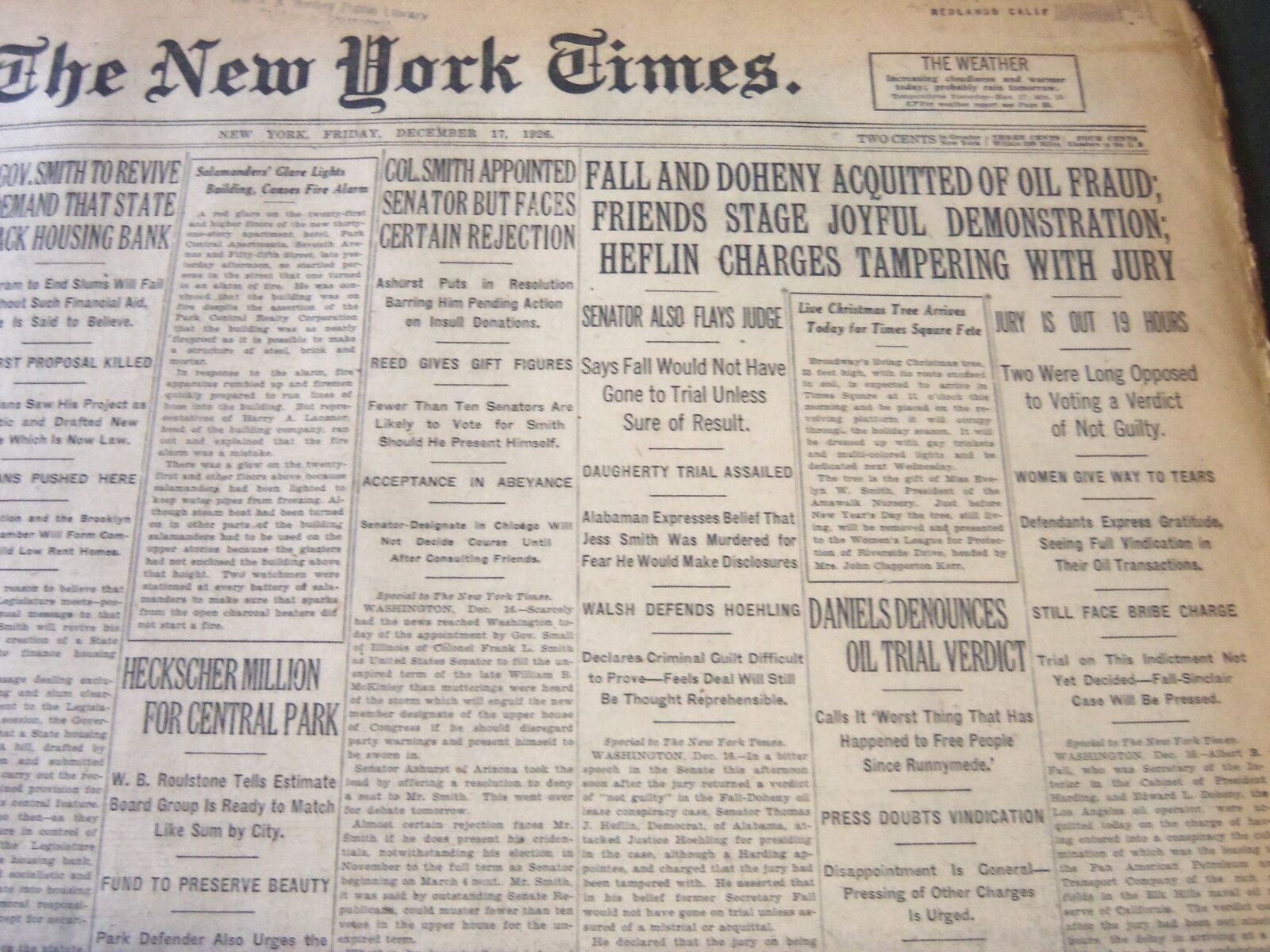 1926 DEC 17 NEW YORK TIMES - FALL & DOHENY ACQUITTED LANDIS RE-HIRED - NT 6541