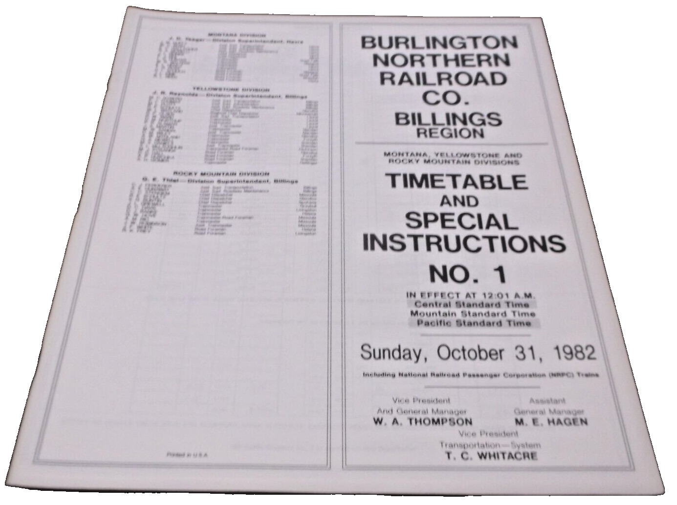 OCTOBER 1982 BURLINGTON NORTHERN BILLINGS REGION EMPLOYEE TIMETABLE #1