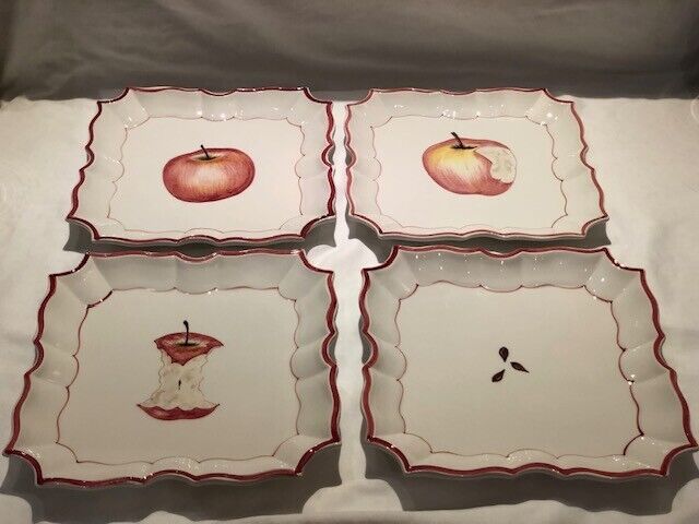 Set of 4 VIETRI Italian Plates Apple Square Vtg Hand Painted Italy Cottage Core
