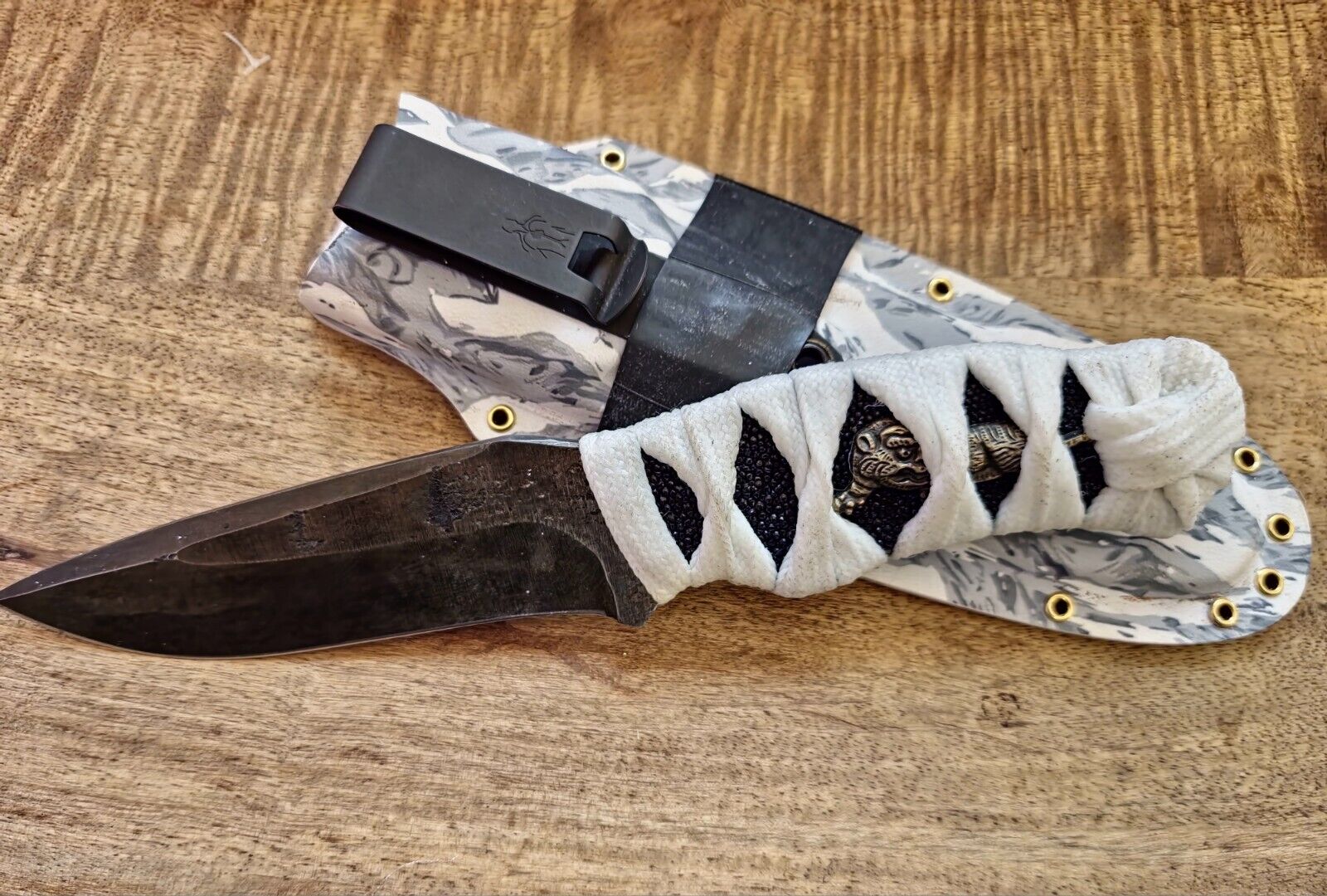Custom Handmade Edc Fixed Blade Knife Tsukamaki Rayskin Ambi Sheath 