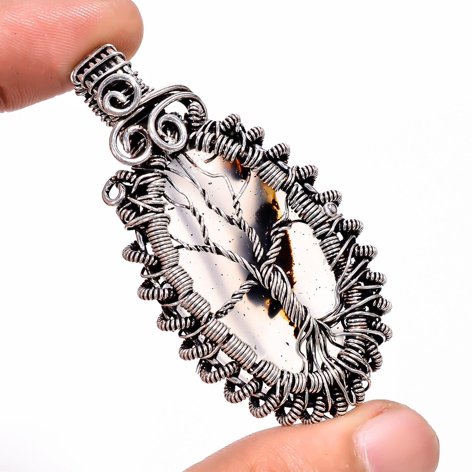 Montana Agate Vintage .925 Silver Plated Wire Wrapped Pendant 2.3\