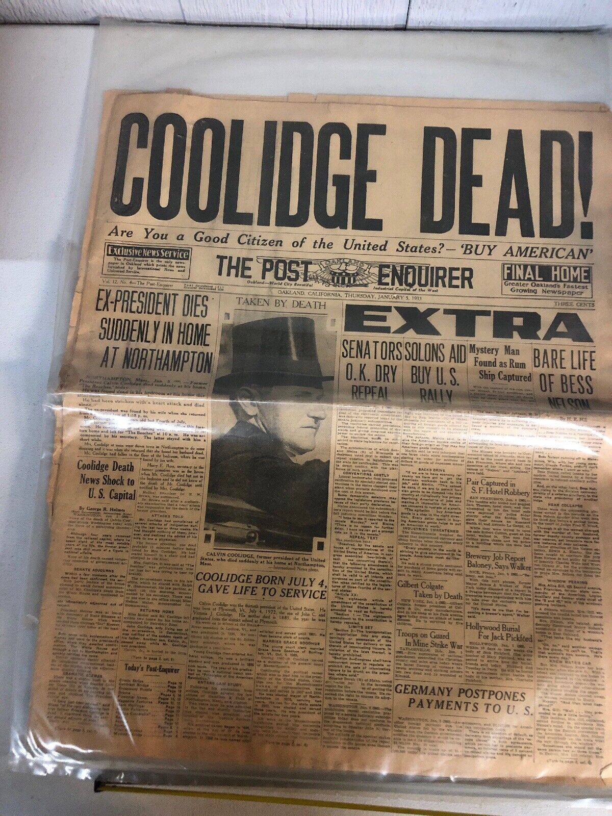 VINTAGE NEWSPAPER FROM 1931 THE Oakland Post Enquirer Calvin Collage Dead