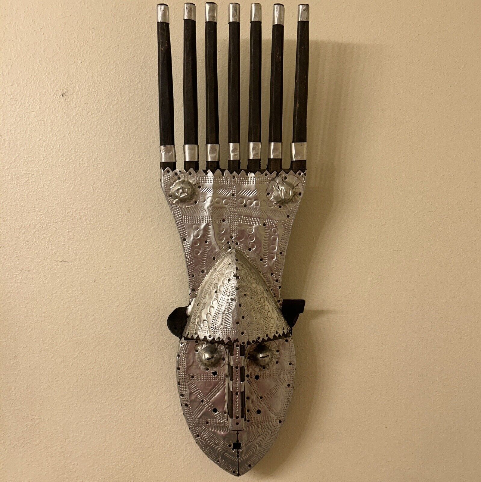 African Bamana Ntomo Marka Mask w/ Aluminum 16” Tall Hand Carved Artifact