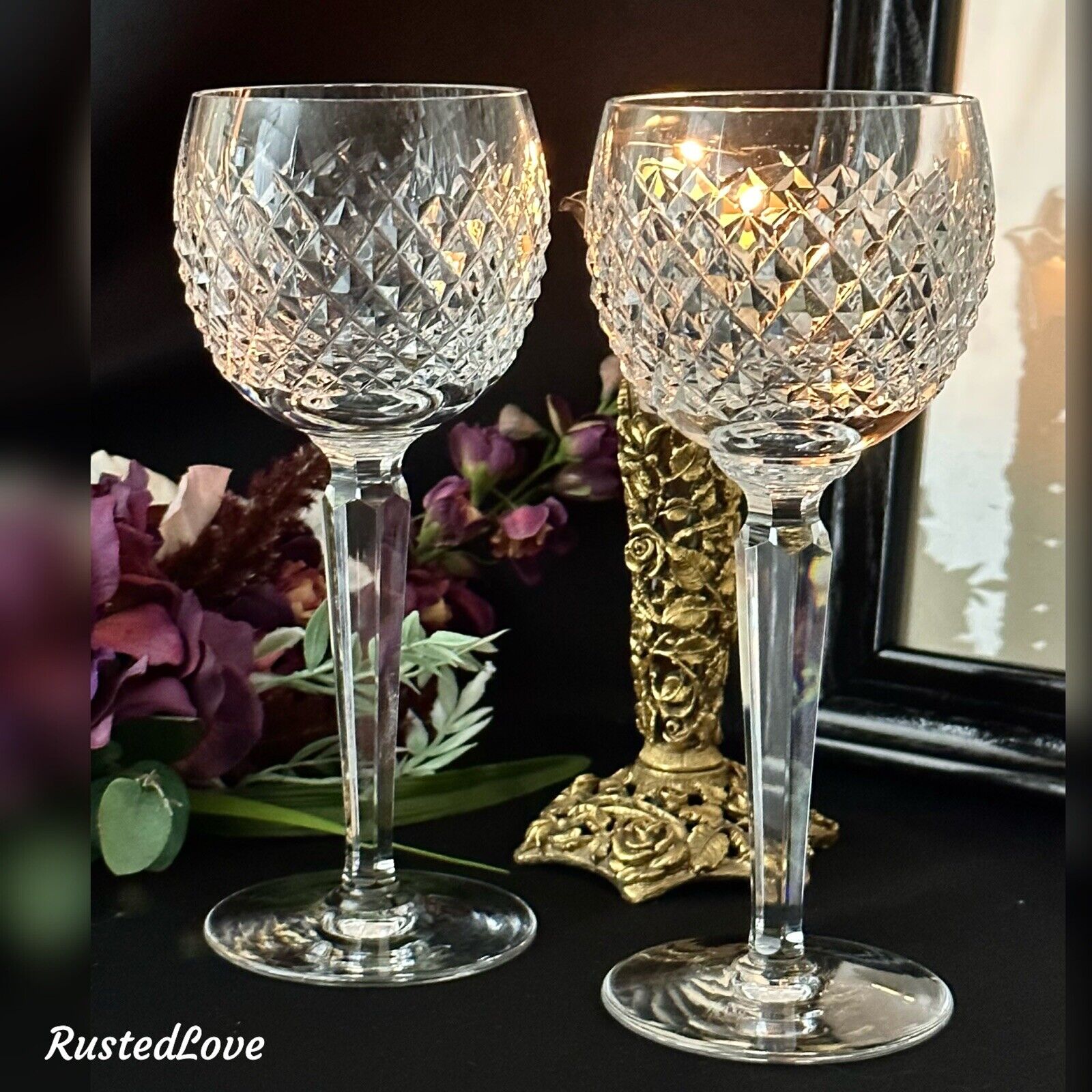 Waterford Alana Crystal Wine Hocks Made in Ireland Alana Waterford Glasses Pair*