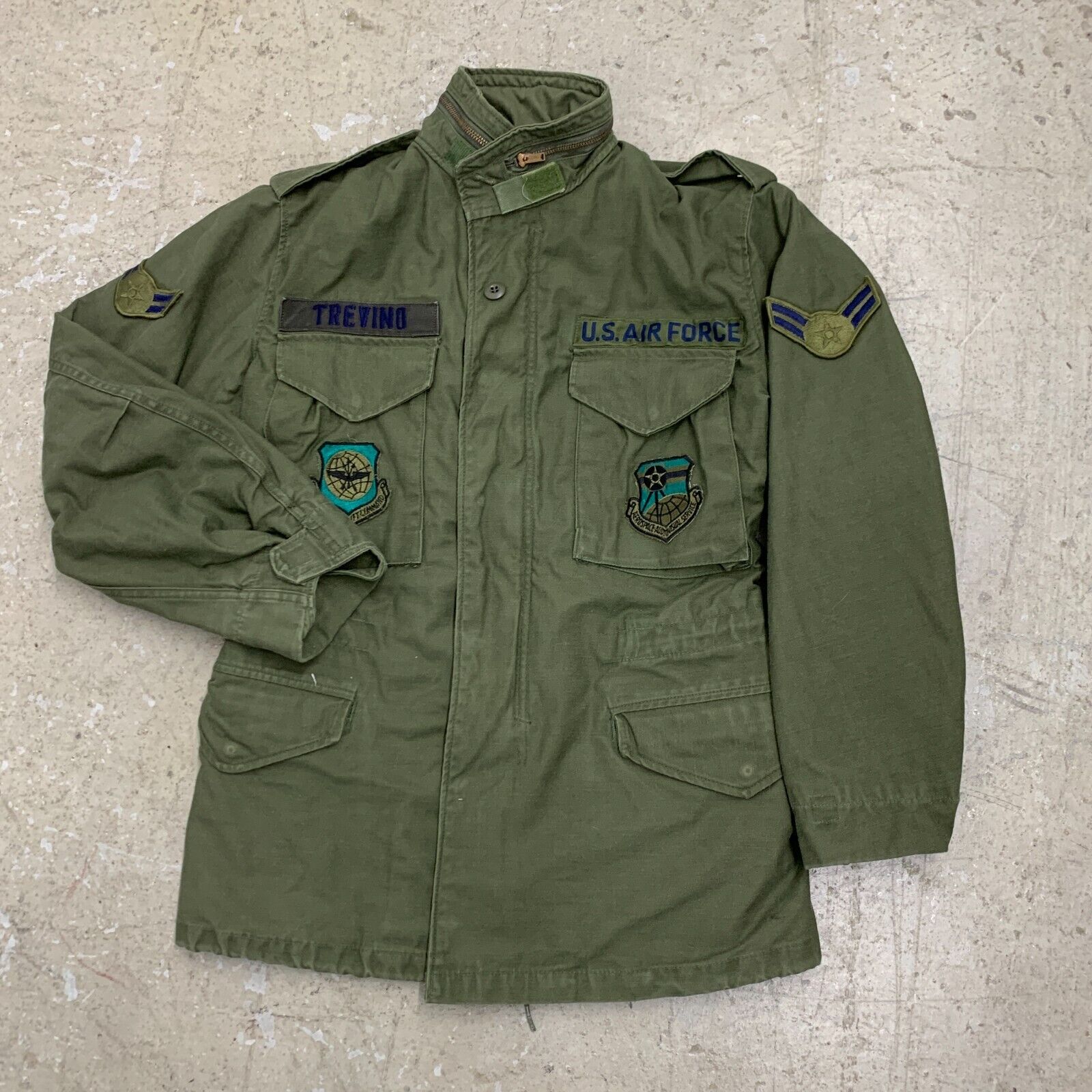 Vintage US Military Jacket Mens XS M65 Cold Weather Field OG 107 Coat Patches