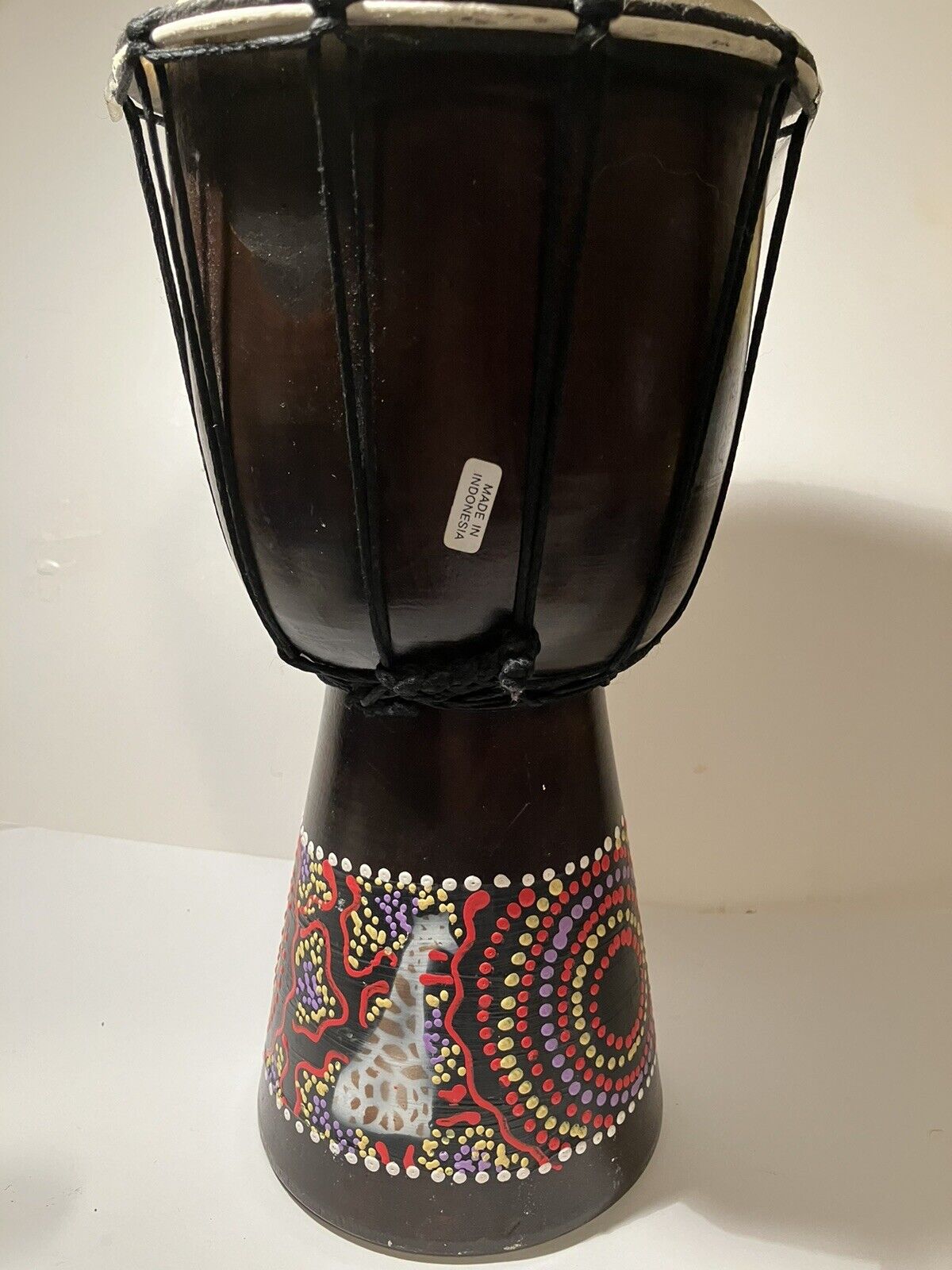 Tribal African Djembe Drum 12\'\' high Beautiful w/ Rope Colorful Etchings Used