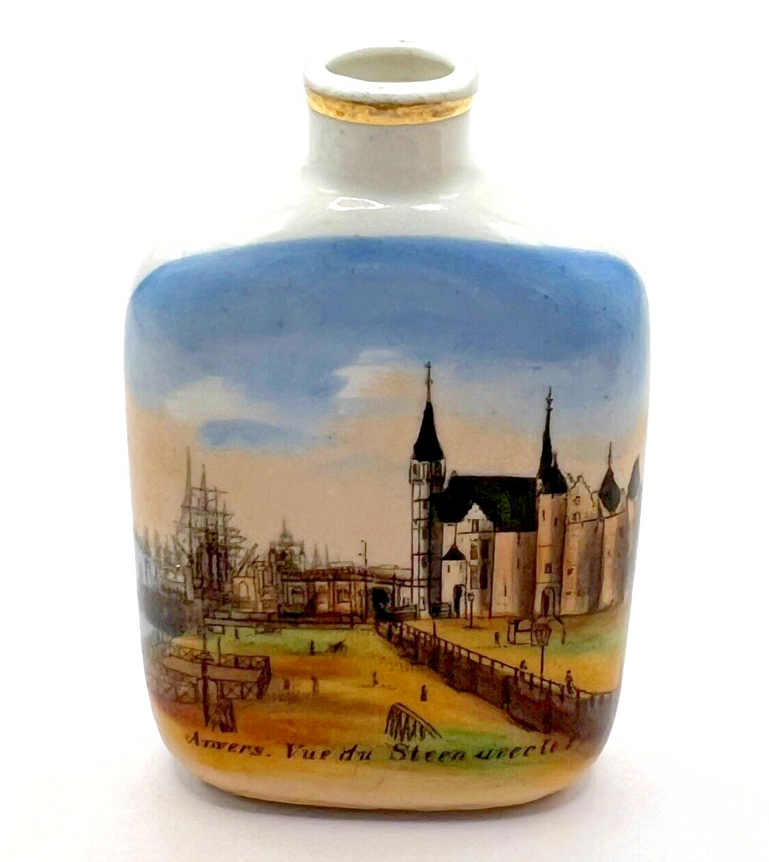 Antique Painted Porcelain Miniature Flask Reads Antwerp. View of Steen Uvecie Pa