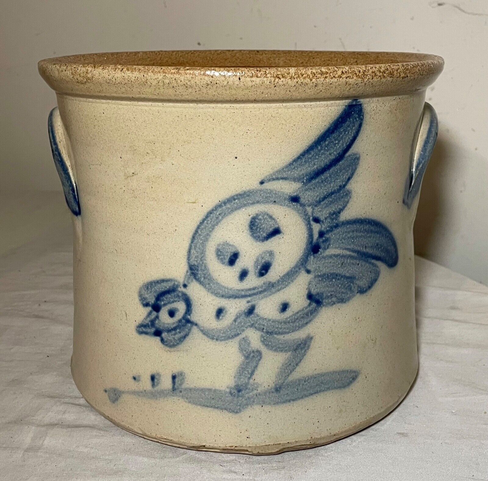 antique handmade parrot on plum stoneware crock pottery jug with handle