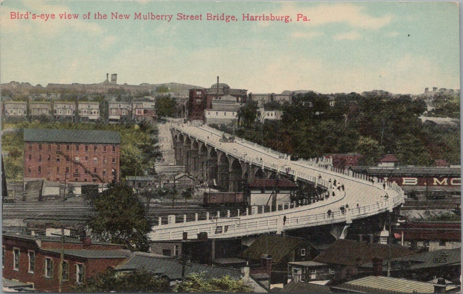 Postcard Bird's Eye View New Mulberry Street Bridge Harrisburg PA 