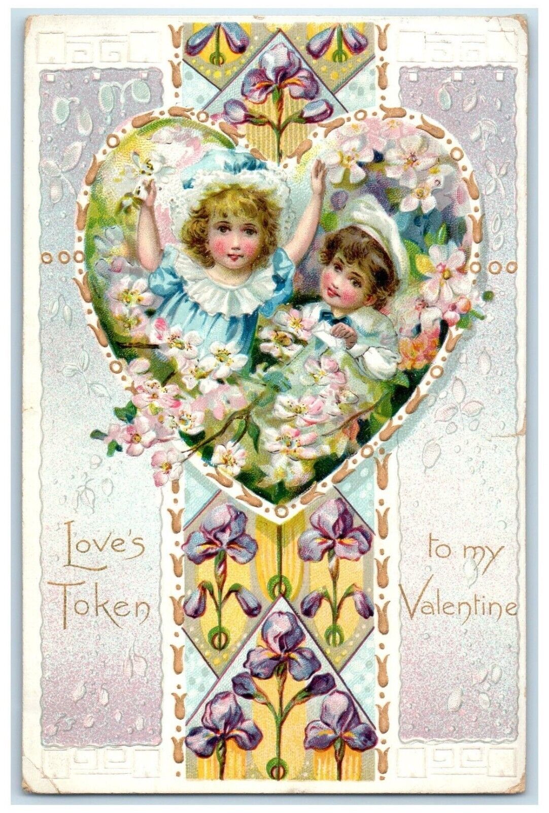 1908 Valentine Heart Girls Flower Embossed Tuck\'s Perham Minnesota MNPostcard