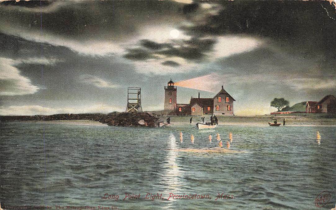  c1910 Long Point Light Provincetown MA Night Scene Small Boats People P30