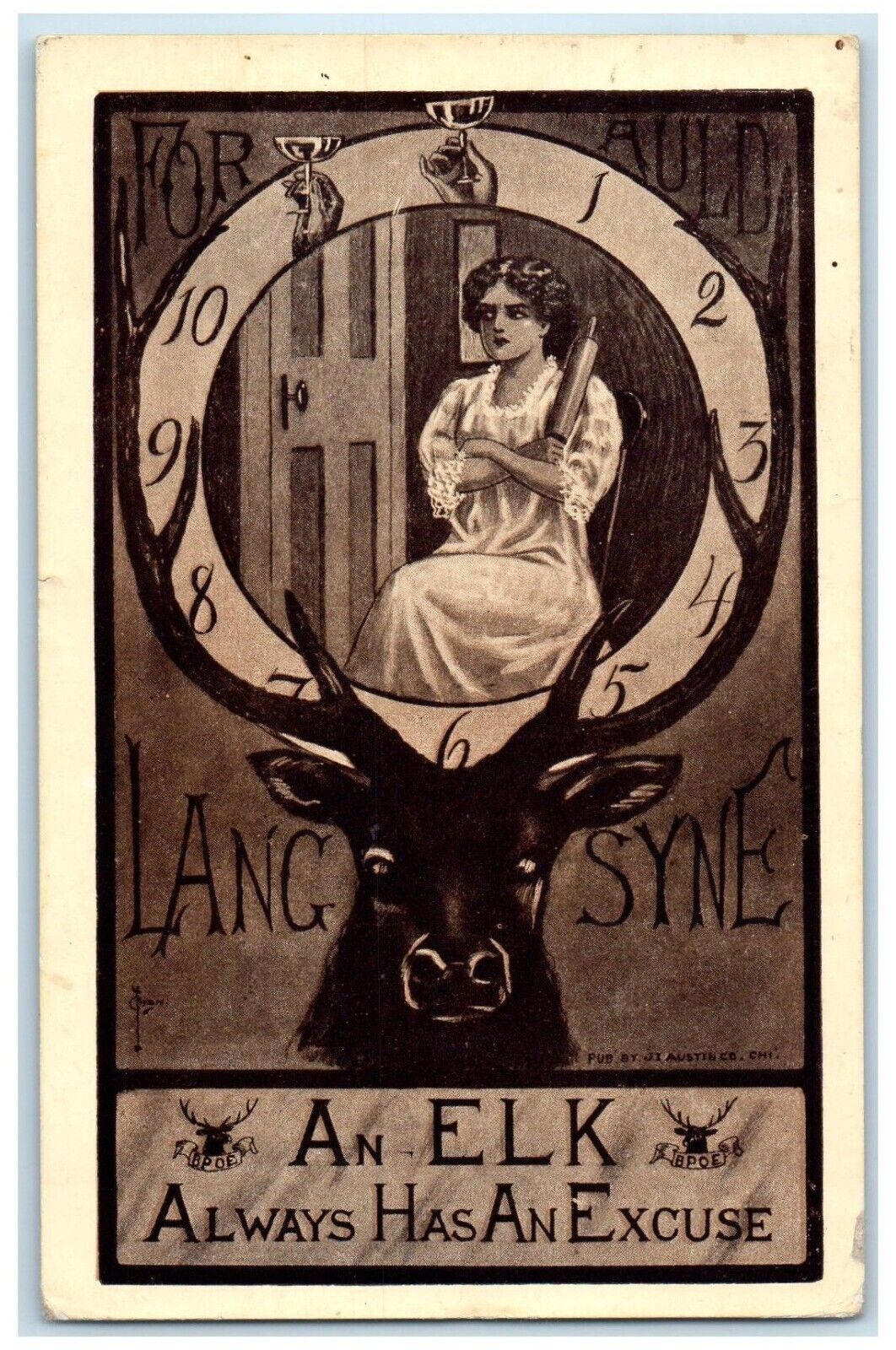 1910 BPOE Elk Lang Syne Woman Clock RPO Posted Antique Postcard