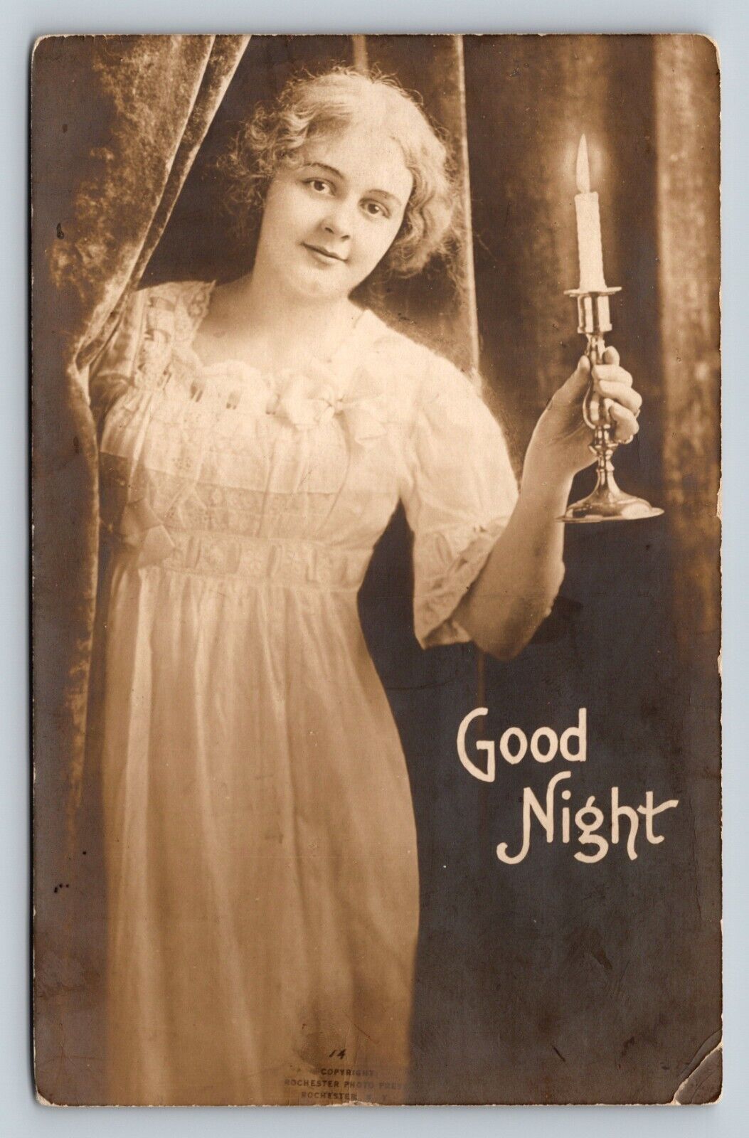 c1914 RPPC Woman In Nightgown Candlelight GOOD NIGHT Nice Msg ANTIQUE Postcard