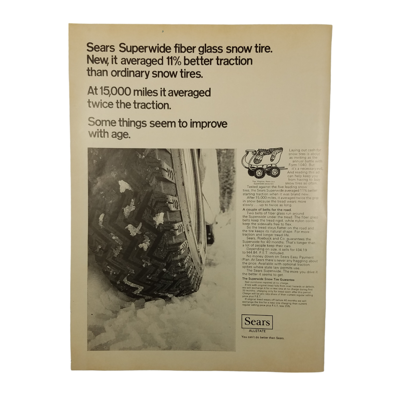 1968 Sears Tires Vintage Print Ad Superwide Fiber Glass Snow Tire