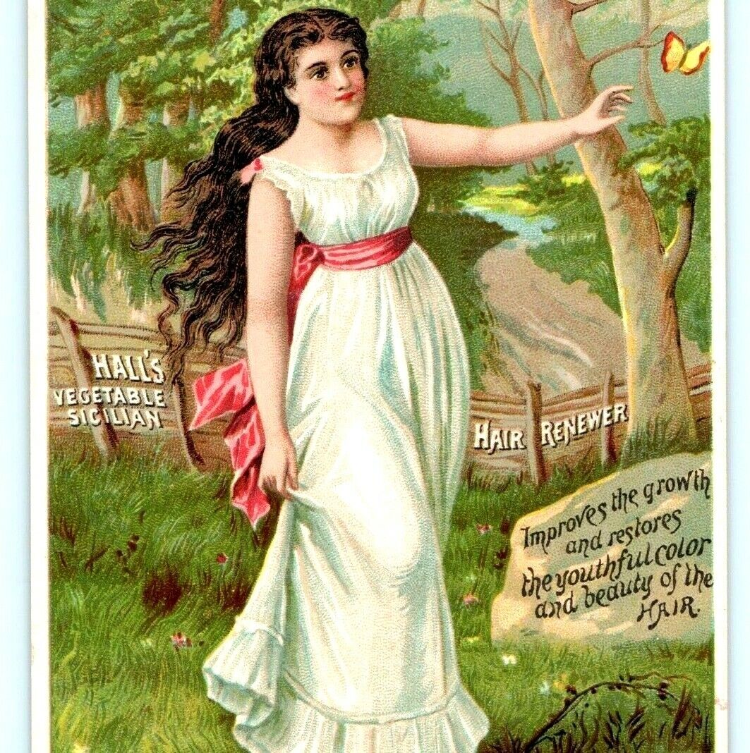 c1880s Nashua N.H. Hall's Vegetable Sicilian Hair Renewer Quack Trade Card C9