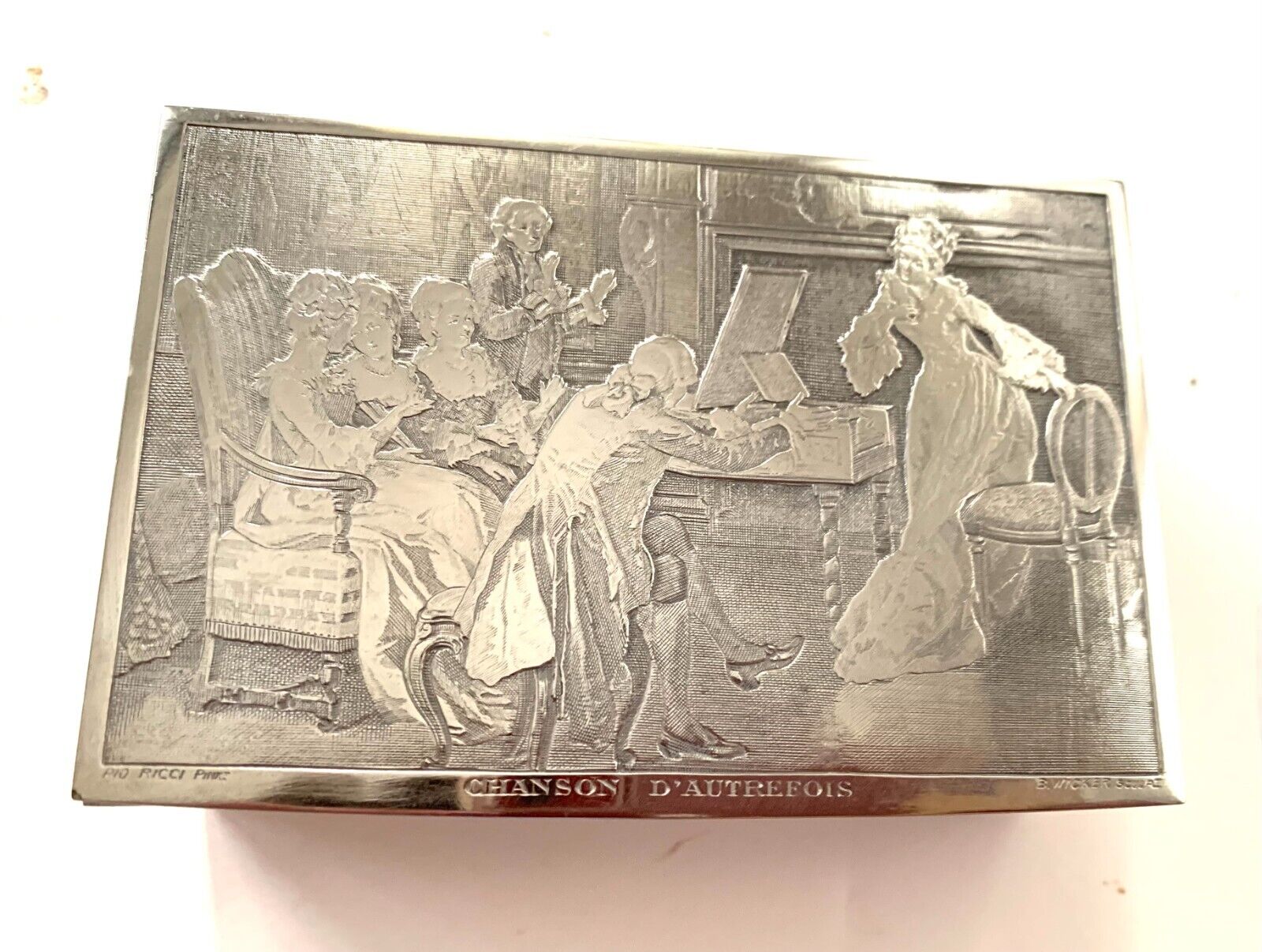 Antique French Engraved Silver-Plated Jewelry Box by B. Wicker Chanson D’Autrefo