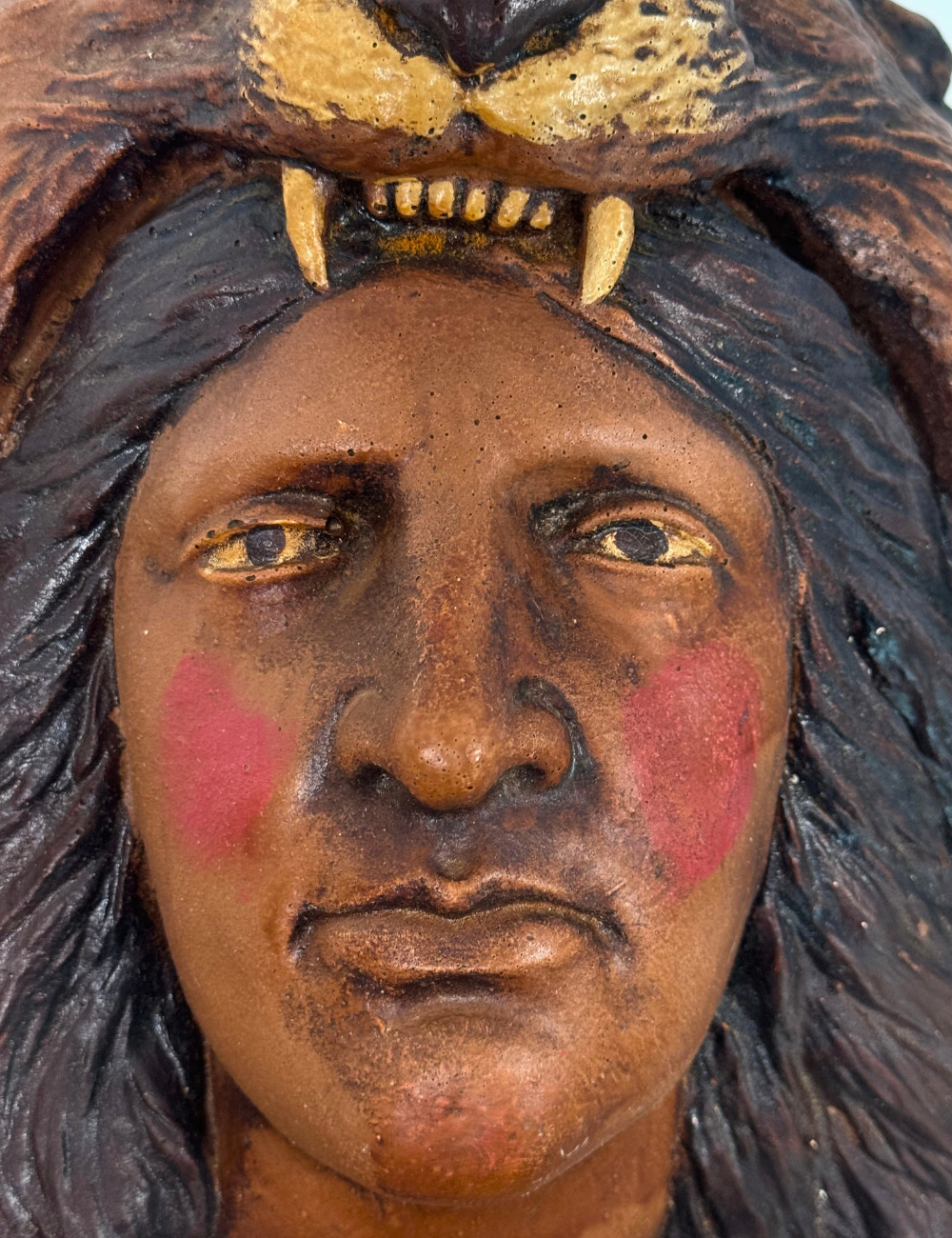 VINTAGE CHALKWARE NATIVE AMERICAN INDIAN CHIEF TOBACCO STORE WALL BUST - 1930's