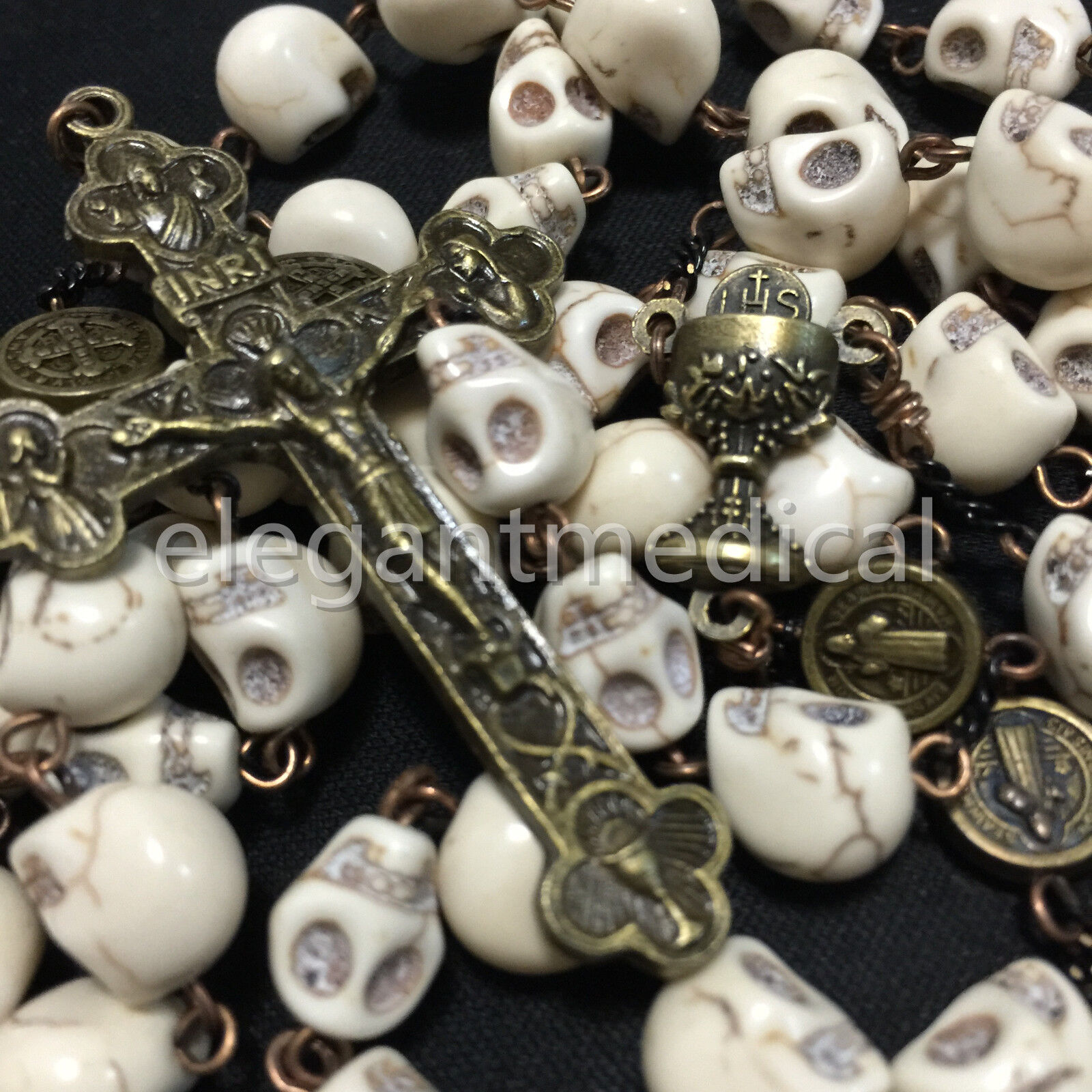Catholic Vintage XL 10MM howlite skull beads Rosary Cross crucifix Necklace