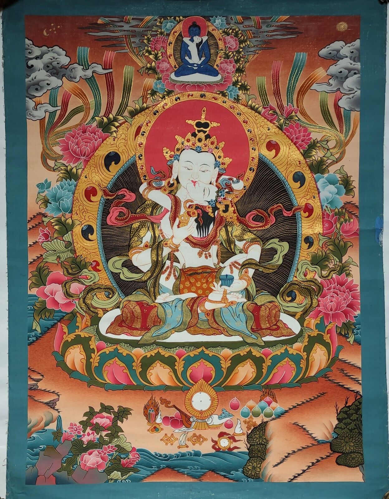 Original Tibetan Vajrasattva Shakti Thangka in Sacred Unions(YabYum Embrace), VS