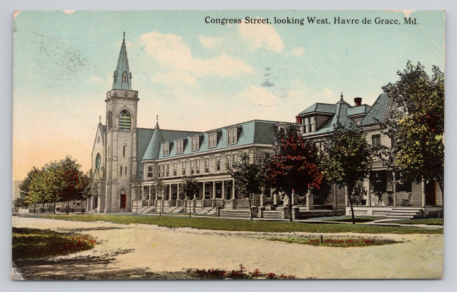 Postcard St Patrick\'s Church Congress St Looking West Havre de Grace MD 1912