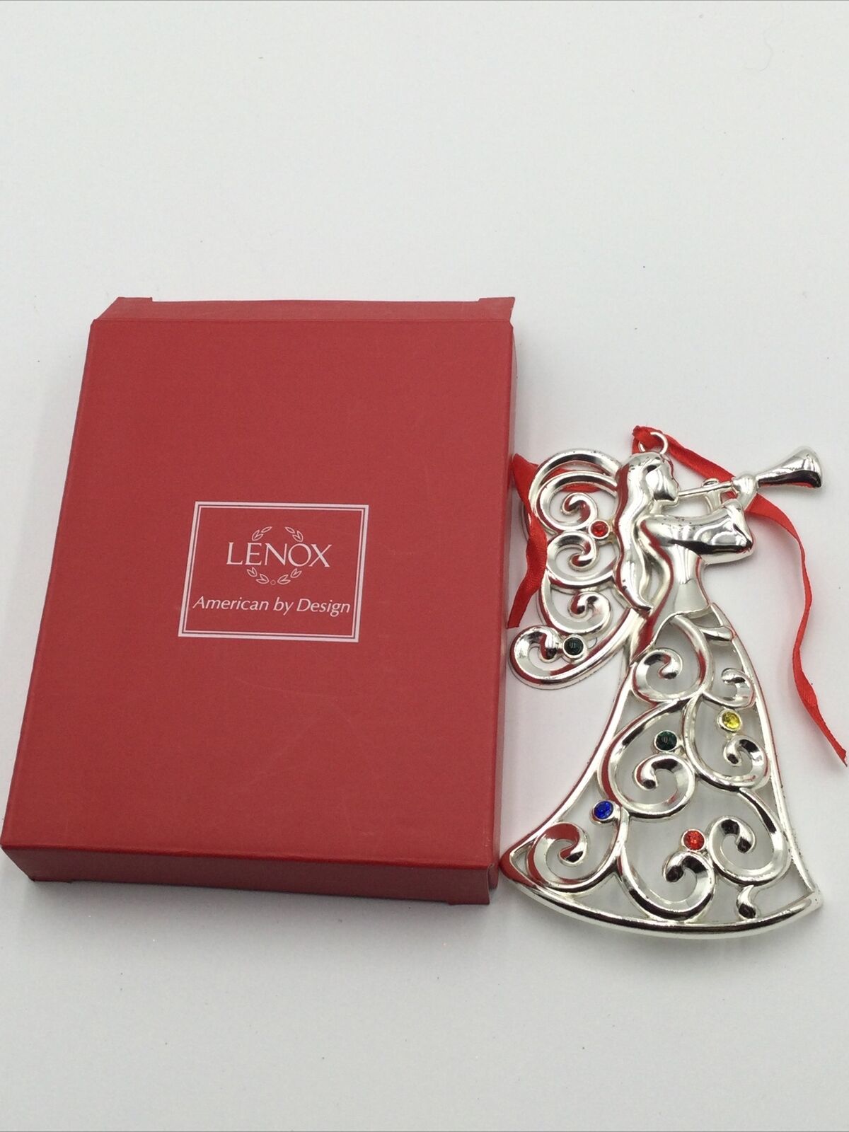 Lenox Silver Metal Jeweled Blowing Horn Angel Ornament New Box