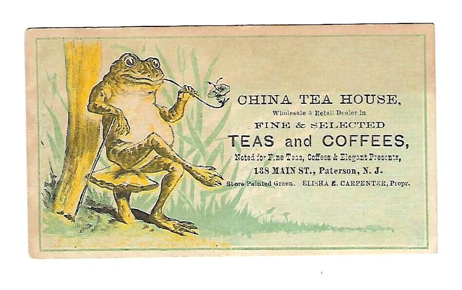 c1890's Victorian Trade Card China Tea House, Frog Sitting on a Mushroom
