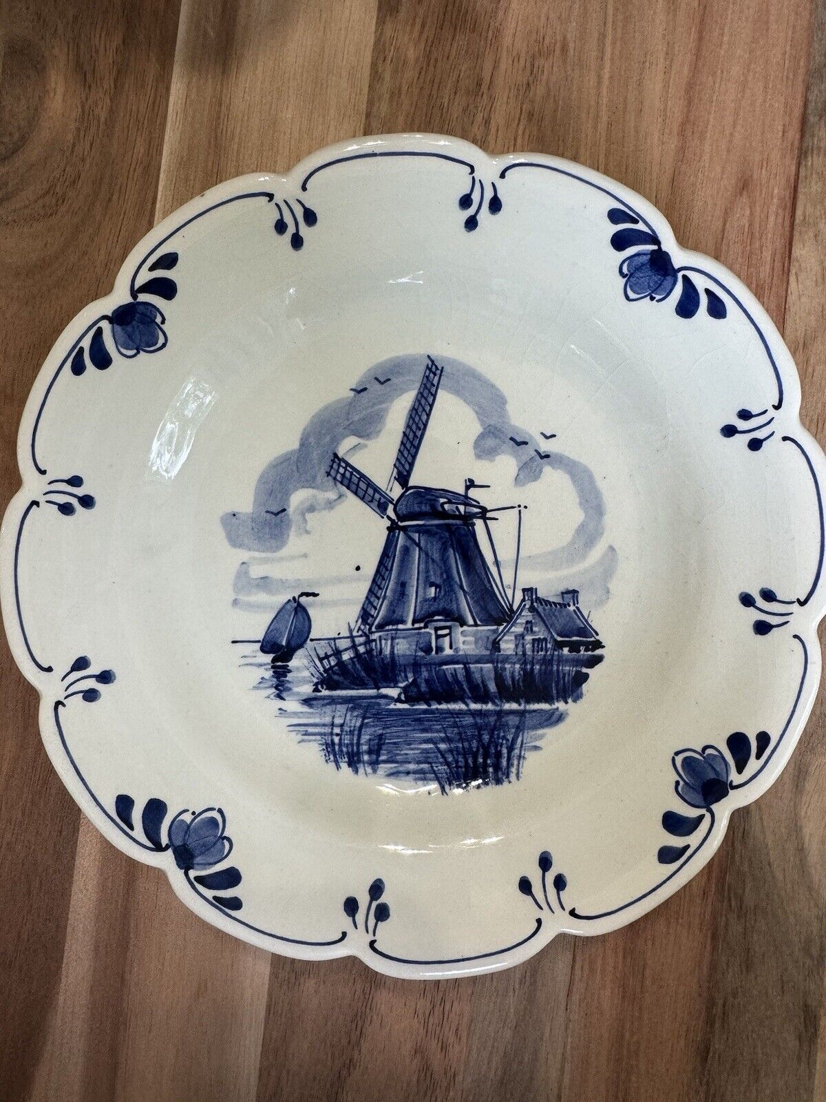 Delft Blue And White Decorative Wall Plate With Scalloped Edge