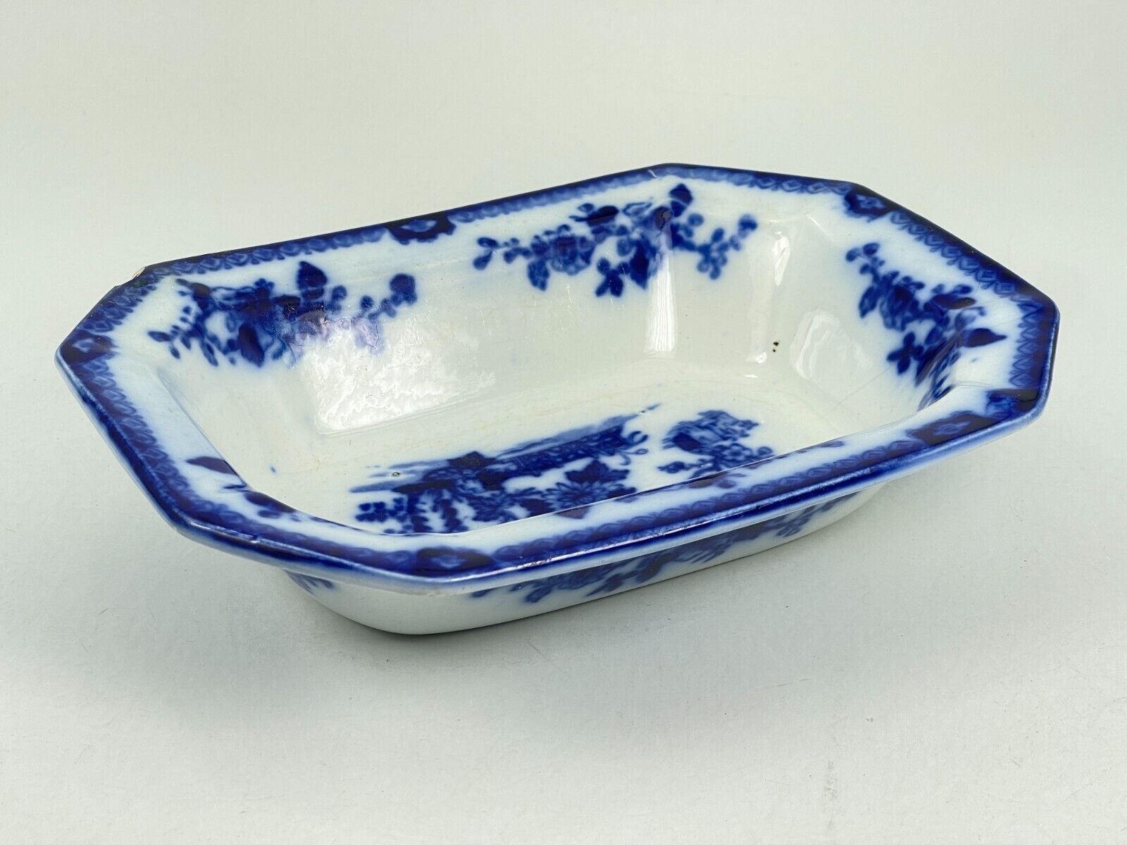 Vintage Antique Blue Delft Rectangle Bowl Dish Octagon Hand Painted 9\