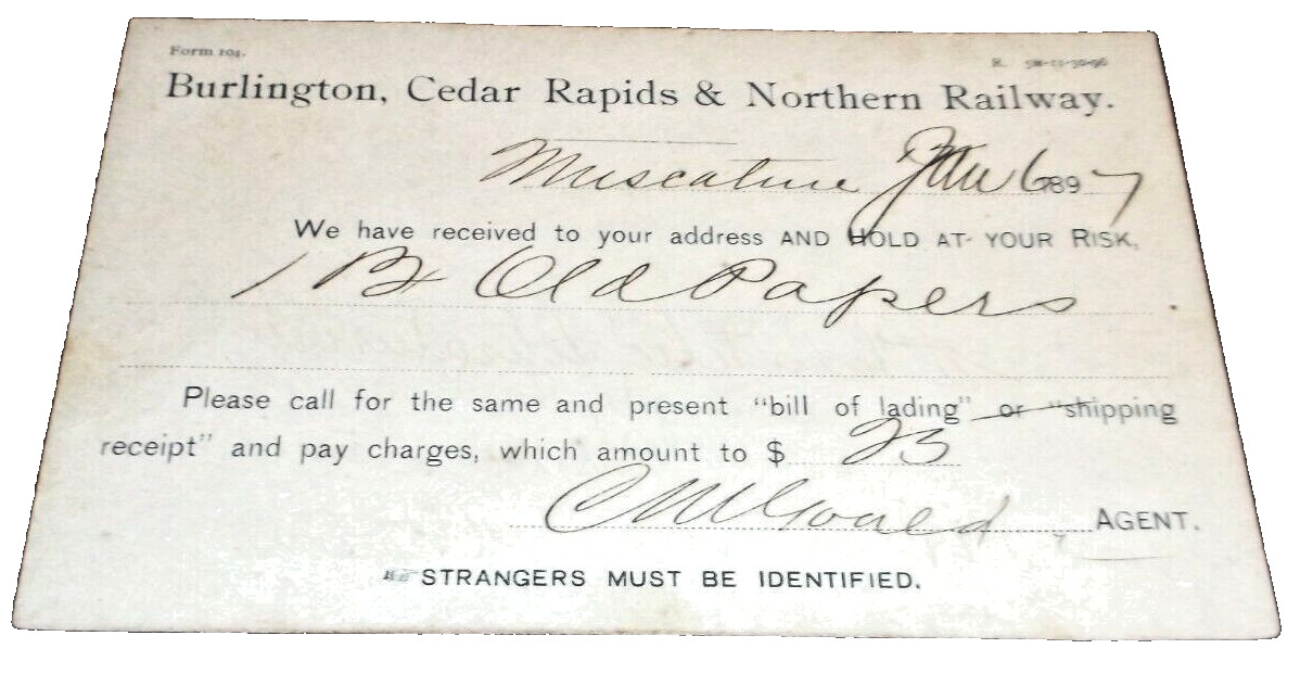 1897 BURLINGTON CEDAR RAPIDS & NORTHERN BCR&N LATER ROCK ISLAND MUSCATINE IOWA
