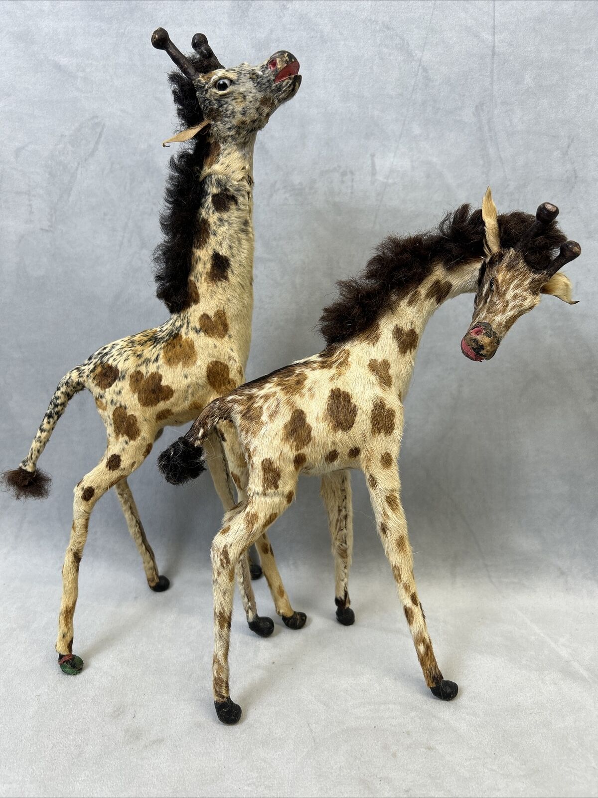 Set Of 2 Antique Miniature Giraffe Victorian Toys Oddity Handmade Fur Taxidermy