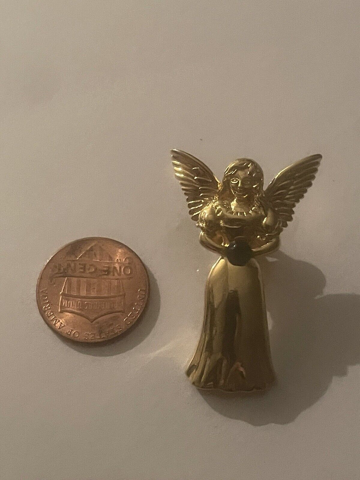 Vintage Gold Tone Angel Holding Green Gem Lapel Pin HTF