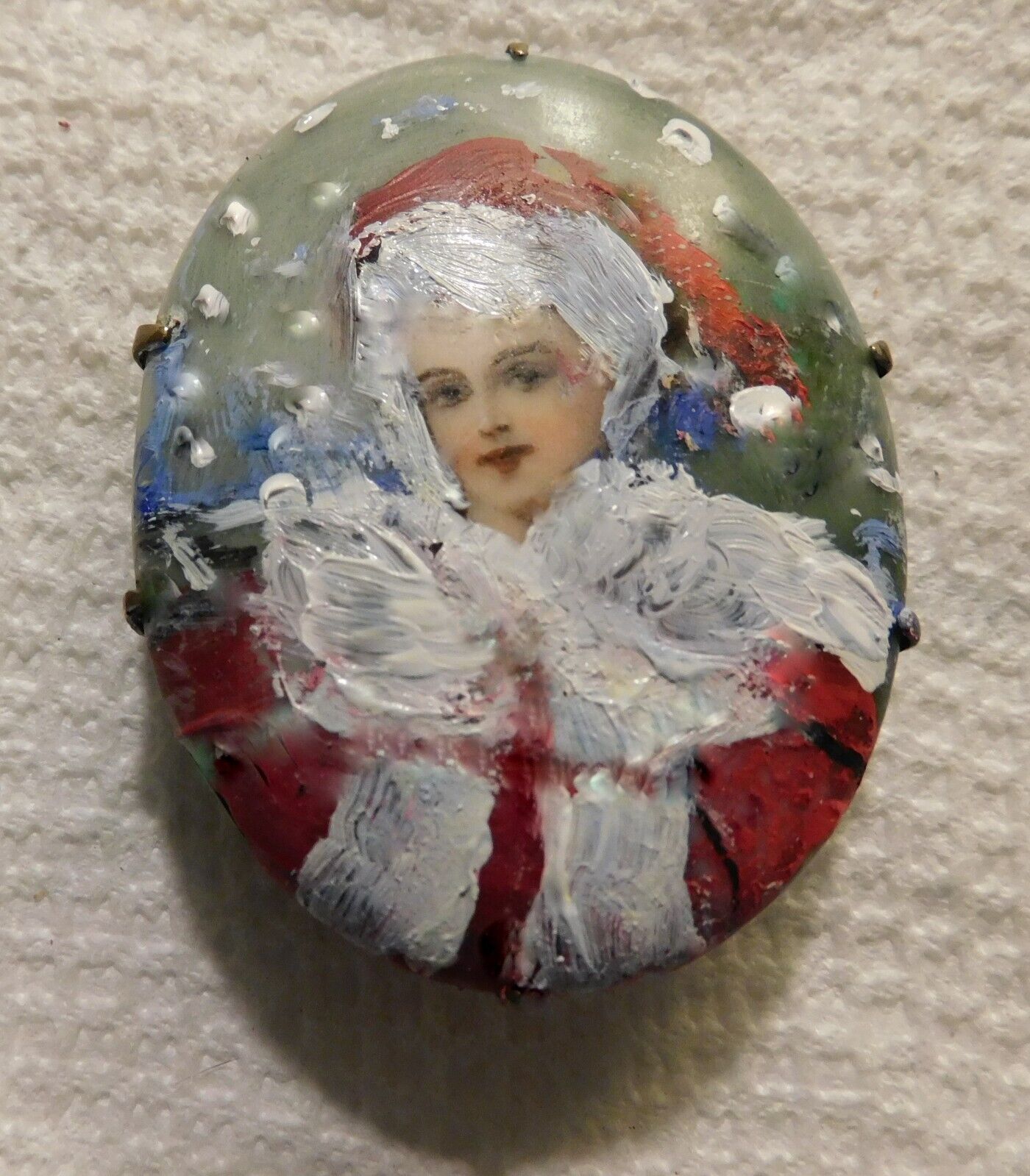 Miniature German Antique Portrait Painting of Mrs. Santa Claus on Porcelain Pin