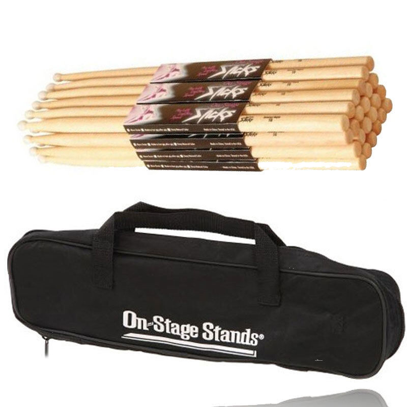 On Stage 5A Maple Durable Drum Sticks  12 Pair Wood Tip, with 2 Pocket Drum Bag