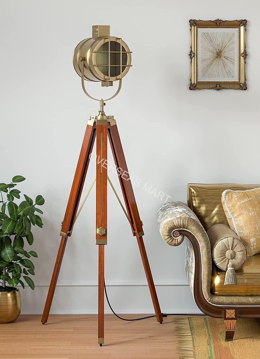 Antique Brass Floor Lamp Wood Tripod & Moveable Spotlight E27 Bulb Holder Lamp