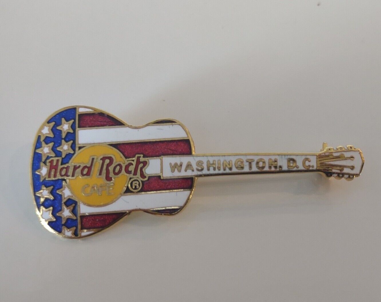 Hard Rock Cafe Washington DC Acoustic Guitar American Flag Style Lapel Pin 