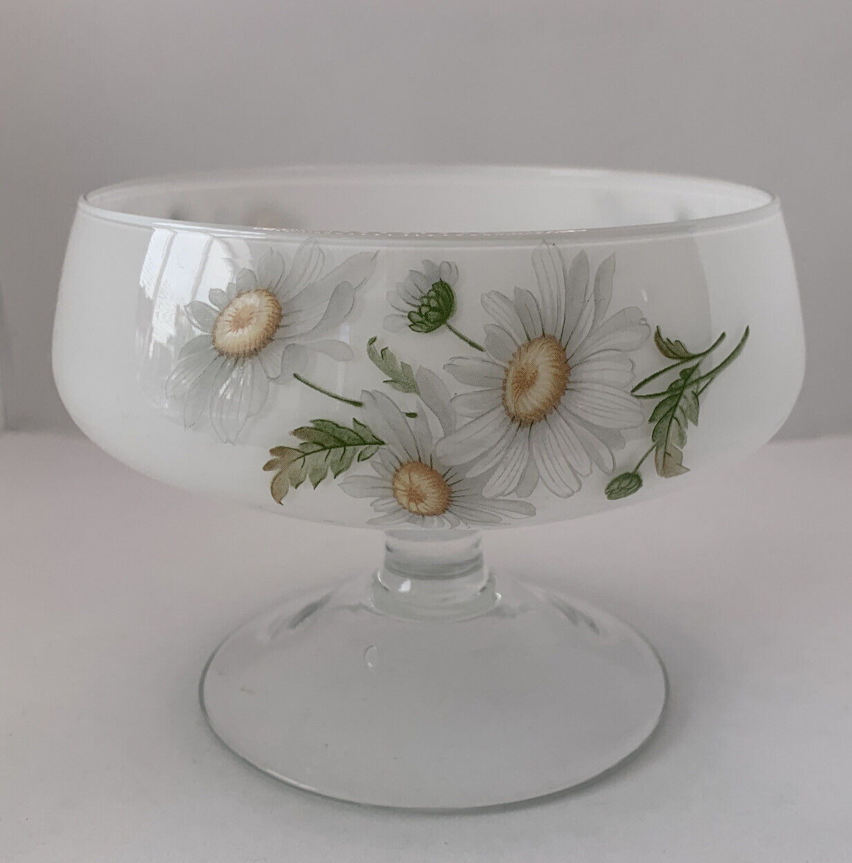 Vintage Frosted Candy Glass Bowl Daisy Pedestal Footed Floral 5”/13cm MCM