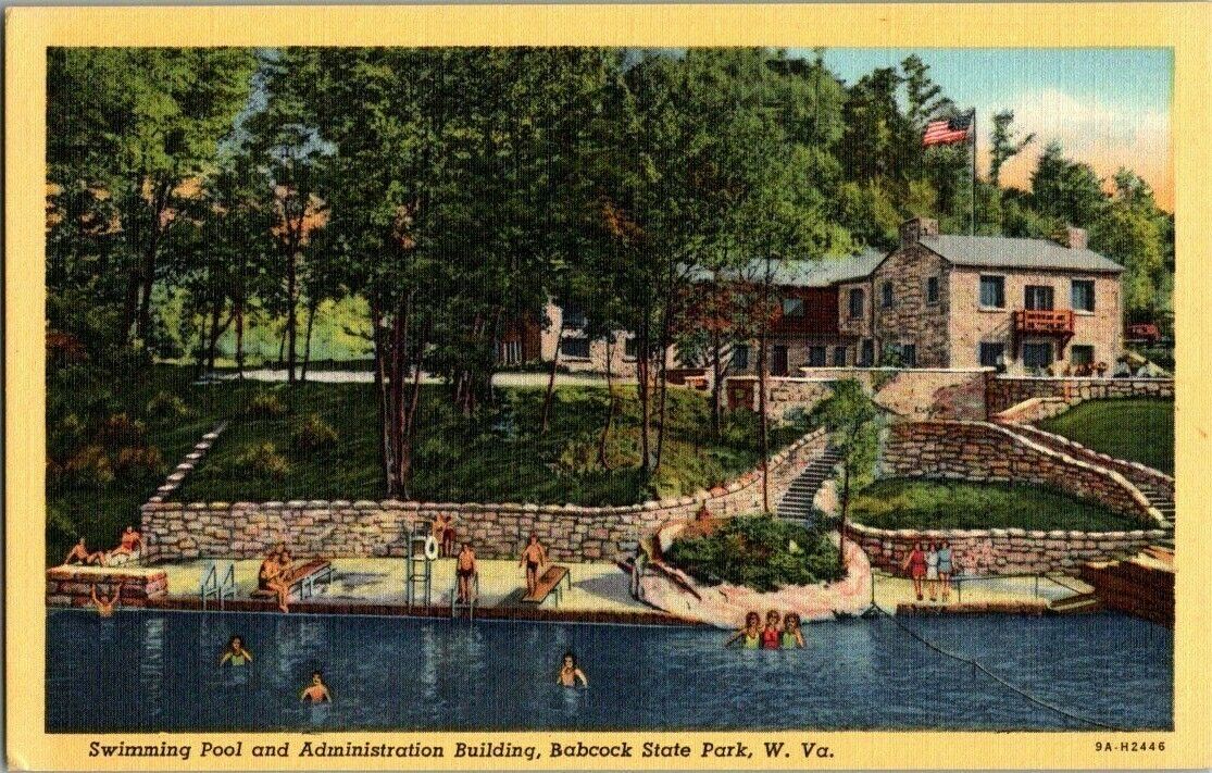 1940\'S LINEN. BABCOCK STATE PARK, WEST VIRGINIA. BATHERS AT POOL. POSTCARD TM16