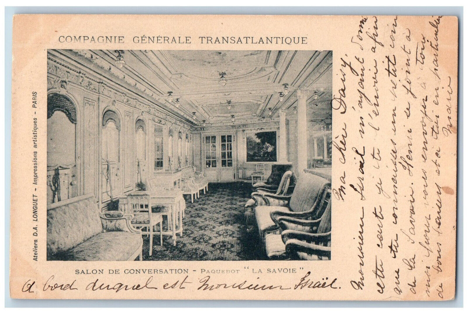 Paris France Postcard Conversation Room - Liner “La Savoie” Steamer 1902