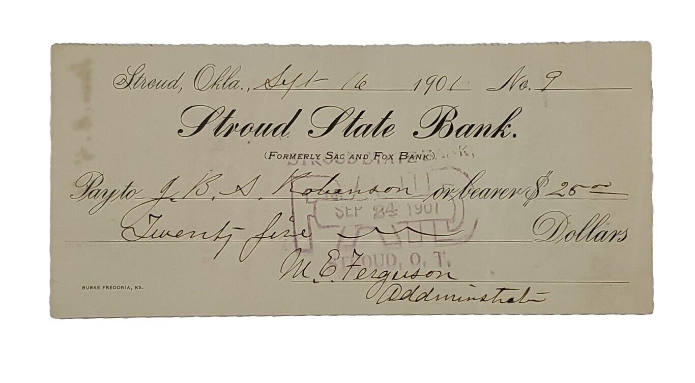 1901 Bank Check: Stroud State Bank, Stroud, OK - M.E. Ferguson