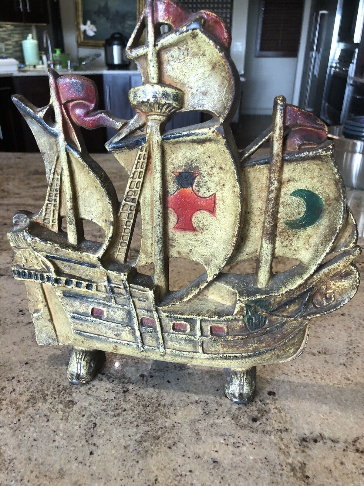 Antique Vintage Painted Cast Iron Columbus Sailing Ship Doorstop or Andiron 11”