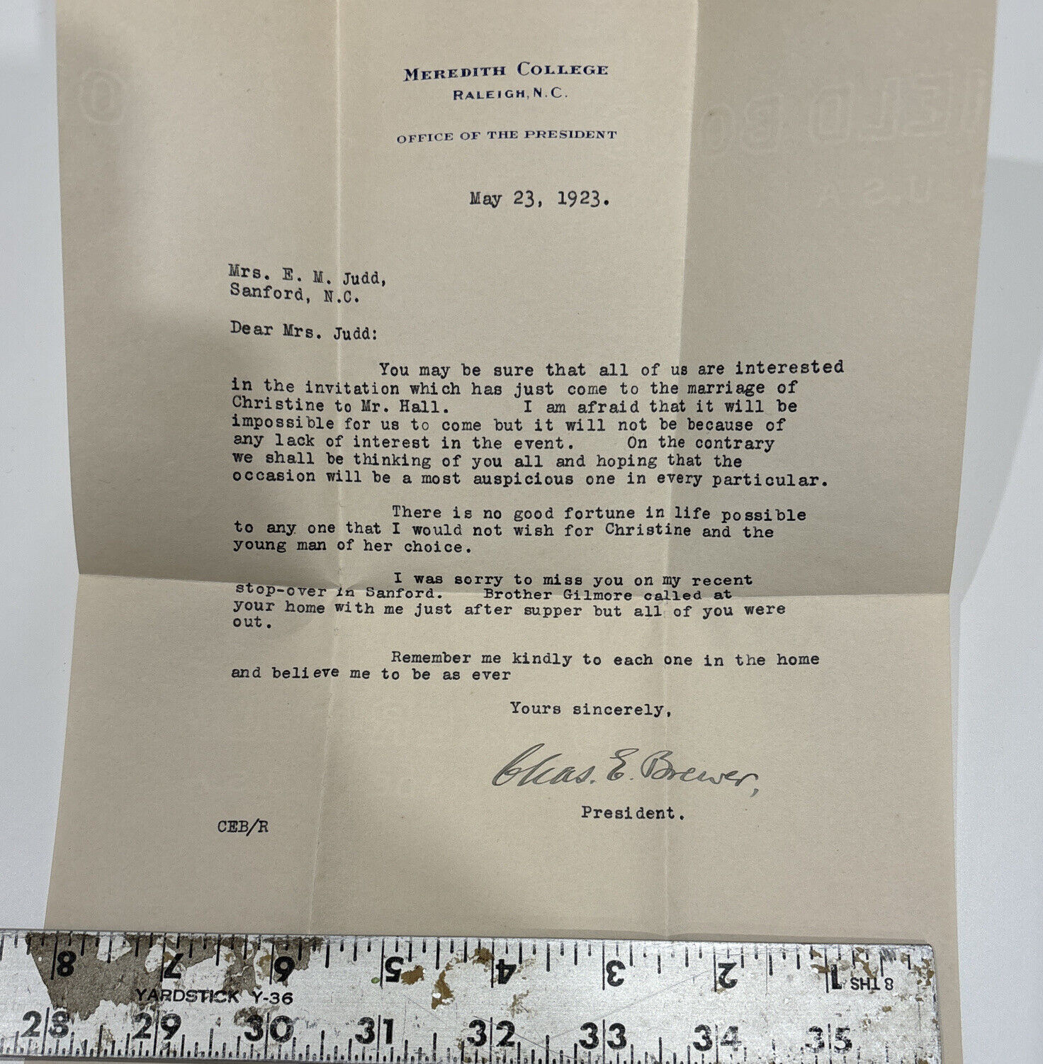 ANTIQUE LETTER CHARLES E. BREWER President MEREDITH COLLEGE 1923
