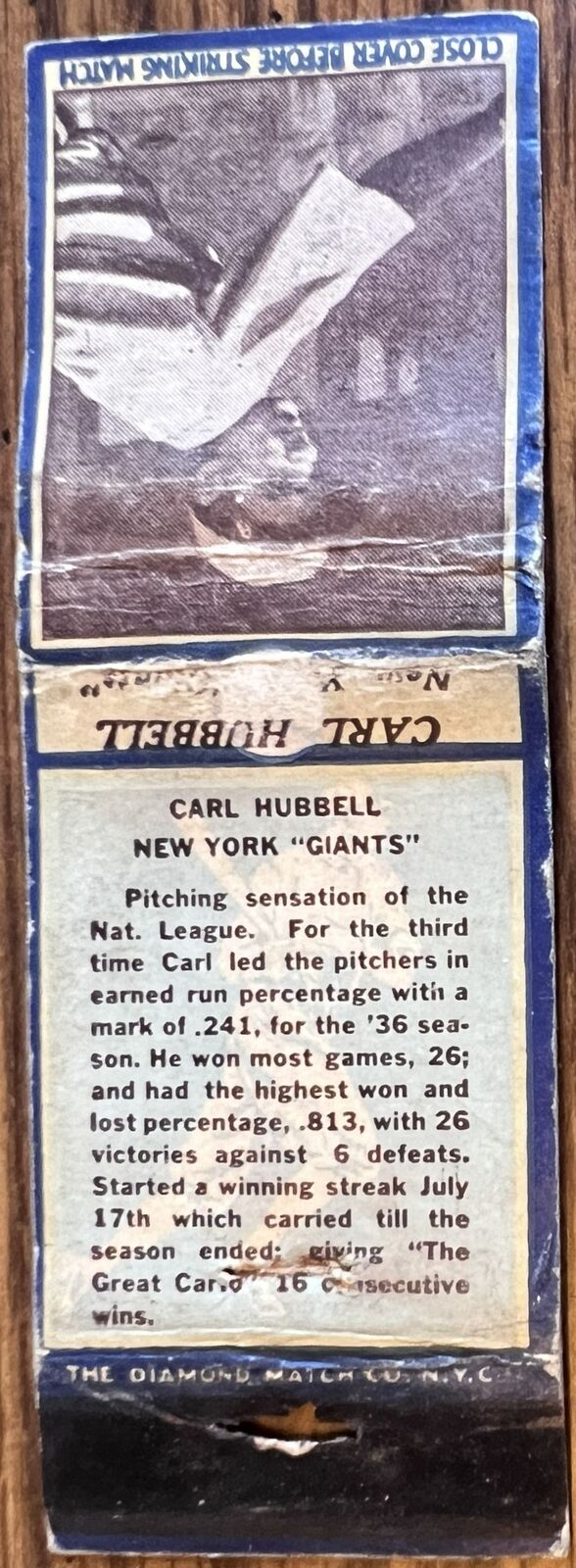 Carl Hubbell Pitcher New York Giants Vintage Matchbook Cover