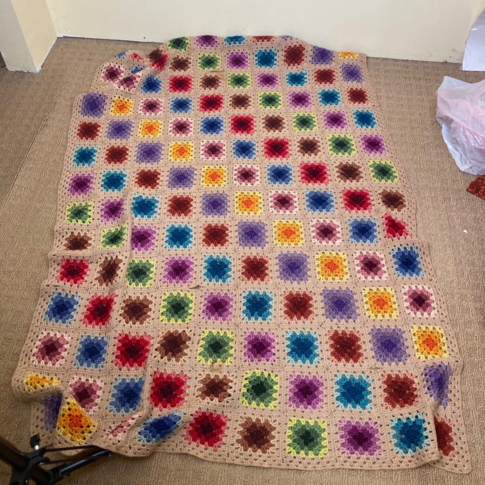 Granny Square Blanket Vintage 67 x 44 Inches Artisan Multi Colored FLAWED as is